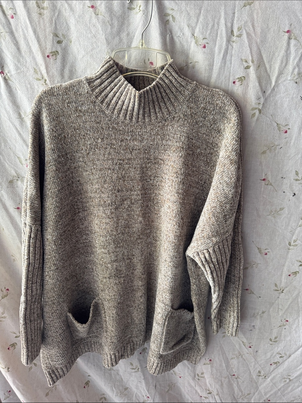 J. Jill Heathered Taupe Mock-Neck Pocket Sweater